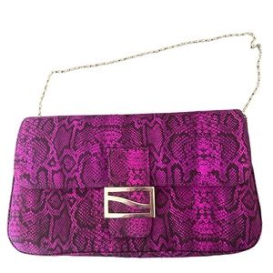 Diane Gilman Clutch or Shoulder Bag. Purple. Black Animal Print. Silver Chain